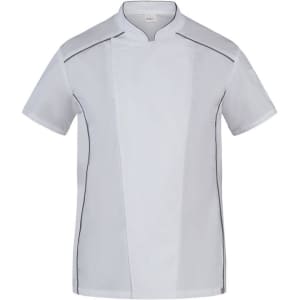 A short-sleeved chef jacket in white with contrasting black piping and a sleek design. It features a logo.