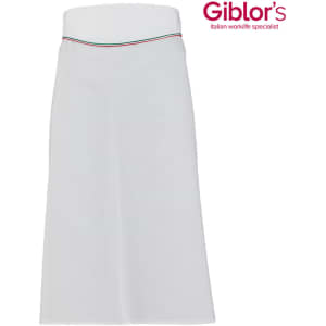 A white apron with a simple design and a multicoloured trim at the top, featuring a logo in the corner.