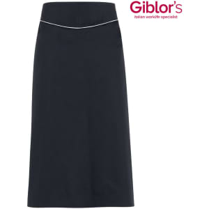 A black apron with a fitted waist and a subtle white trim, featuring a logo in the top corner.