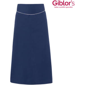 A navy blue apron with a simple design and a white trim, featuring a logo in the top corner.