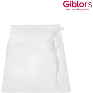 A white apron featuring a tied waistband and a front pocket. The product has a logo on the top right.
