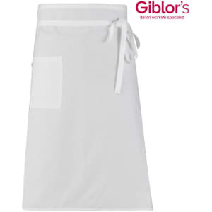 A white apron featuring a front pocket and a waist tie, with a logo in the top right corner.