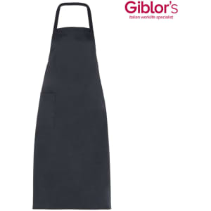 A black apron featuring a pocket and adjustable neck strap, with a logo in the corner.