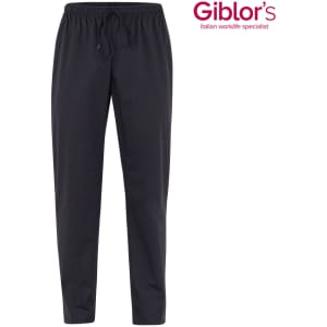 Black pants with an elastic waistband and drawstring, featuring a logo in the top right corner.