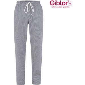 Striped navy and white pants with an elastic waistband and drawstring. Features a logo at the top right.