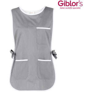 A grey Zefiro Pinafore with white trim and multiple pockets, featuring a logo in the corner.