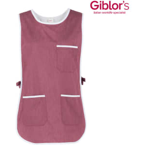 A maroon pinafore with white trim and multiple pockets. It features an adjustable tie at the back and a logo.