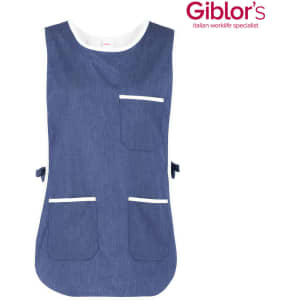 A blue denim pinafore with white pocket trims and ties at the sides. Features multiple pockets for convenience.