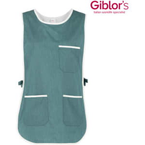 A teal Zefiro pinafore with white trim and multiple pockets, featuring a logo in the upper corner.