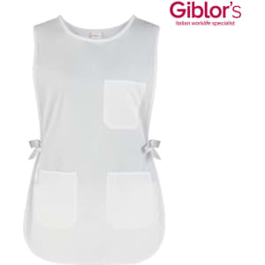 A white pinafore with two front pockets and ties at the sides, featuring a logo in the top corner.
