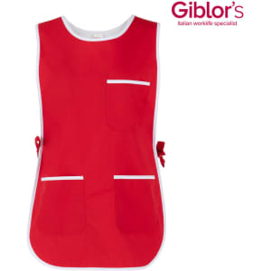 A red Zefiro Pinafore with white trim, featuring multiple pockets and ties at the waist. It has a branding logo.