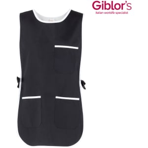 A black pinafore with white trim and multiple pockets, featuring ties at the sides. It has a logo visible in the corner.