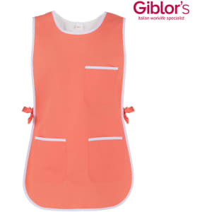 A coral Zefiro Pinafore featuring white trims and four front pockets, with a logo in the top corner.