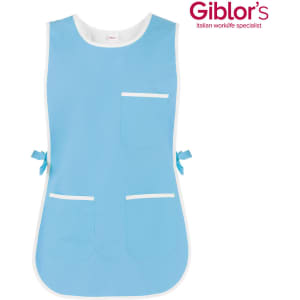 A blue Zefiro Pinafore featuring white trim and pockets, with ties at the waist. It has a logo in the corner.