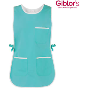 A turquoise pinafore featuring multiple pockets and ties at the waist, with a branding logo in the corner.