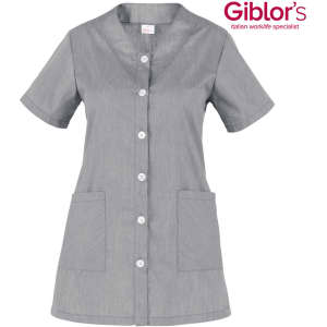 A grey tunic with short sleeves, buttons down the front, and two front pockets. Features a logo.