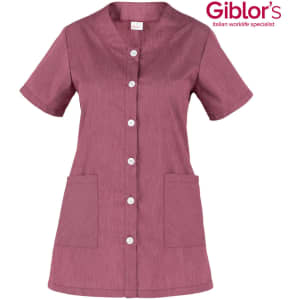 A short-sleeved, button-up tunic in a rich burgundy colour with two front pockets and a logo in the corner.