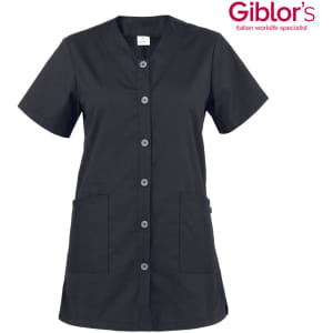 A black tunic with a button-up front, short sleeves, and two front pockets. Features a branding logo.