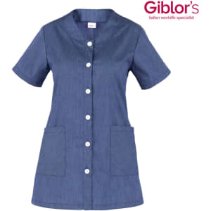 A blue tunic with short sleeves, buttons down the front, and two front pockets. Features a logo in the corner.