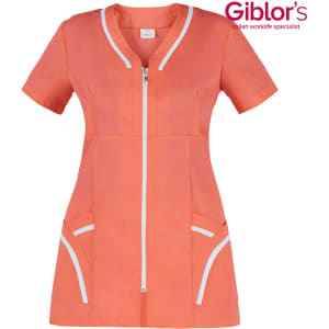 A short-sleeved coral tunic with a zip front and white trim, featuring two front pockets. It has a branding logo.