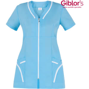 A blue tunic with short sleeves, featuring a zip front and white detailing, includes pockets on both sides.