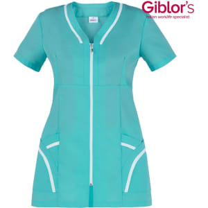 A turquoise Altea Tunic with short sleeves, a front zip, and white accent detailing, featuring pockets on the sides.