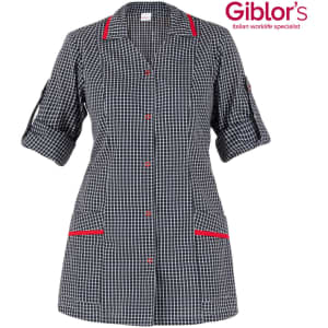 A checkered shirt dress in black and white with red accents and pockets, featuring a logo on the top right.
