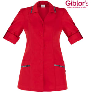 A red shirt featuring short rolled sleeves and two front pockets. Includes a logo in the top right corner.