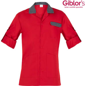 A red shirt with a checkered collar and pocket, featuring rolled-up sleeves and multiple front pockets. It has a logo.