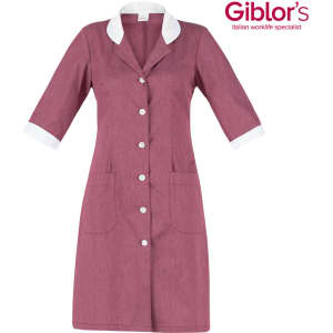 A burgundy dress with a white collar and cuffs, featuring buttons and pockets, with a logo in the corner.