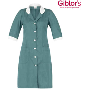 A teal dress with three-quarter sleeves, a white collar, and front buttons, featuring two pockets.