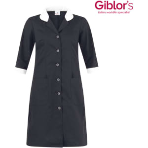 A black dress with a white collar and cuffs, featuring buttons and two front pockets. The product has a logo.