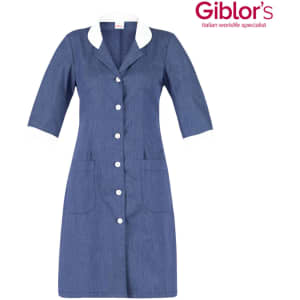 A blue dress with a white collar, featuring short sleeves and button closure, along with two front pockets.