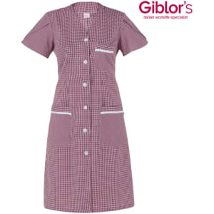 A check-patterned dress in red and white with short sleeves and two front pockets, featuring a branding logo.