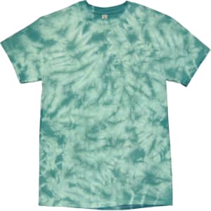 A teal crinkle tie-dye t-shirt with a spiral pattern and a crew neckline. It features a logo on the label.