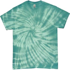 A teal tie-dye T-shirt featuring a spiral pattern with varying shades of teal. The shirt has short sleeves.
