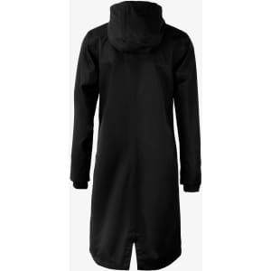 A black women's rain jacket featuring a hood and a long design, with a visible logo.