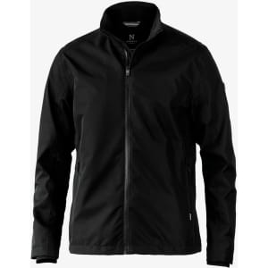 A black jacket with a high collar and zip front, featuring an emblem on one sleeve.