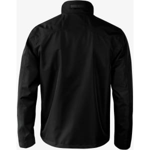 A black jacket with a high collar and long sleeves, featuring a logo on the back.