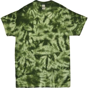 A green tie-dye T-shirt featuring a crinkle pattern on the back. The shirt includes a label.