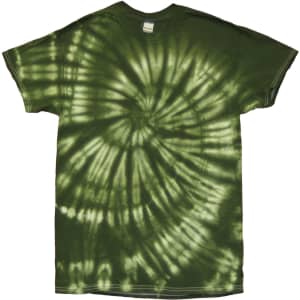 A green tie-dye t-shirt featuring a spiral pattern in lighter and darker green shades. It has a tag at the neckline.