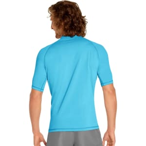 A blue adult short sleeve rashie with UPF 50+, featuring a fitted design and a logo on the back.
