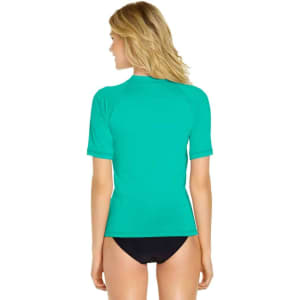 A turquoise adult short sleeve rashie with a UPF 50+ rating, featuring a logo on the back.