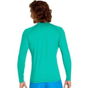 A turquoise long sleeve rashie featuring UPF 50+ protection and a logo on the back.