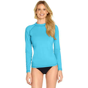 A long sleeve rashie in bright blue, designed for adults with UPF 50+ protection. It features a branding logo.