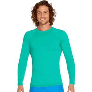 A turquoise long sleeve rashie with UPF 50+ protection, featuring a fitted design and a logo.
