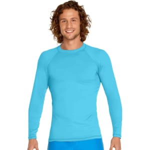 A long sleeve rashie in bright blue, featuring a fitted design and a logo on the chest.