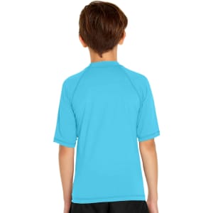A youth short sleeve rashie in bright blue, featuring a simple design and a logo on the back.