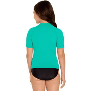 A youth short sleeve rashie in turquoise, featuring a fitted design and a black bottom. It has a logo on the back.