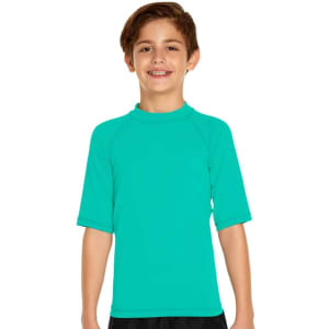 A youth short sleeve rashie in bright teal, featuring a round neckline and raglan sleeves. It has a logo on it.
